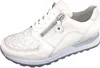 A white leather sneaker with floral embossing and a silver zipper. Produktbild-Vorschau