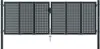 A dark grey metal garden gate with a perforated square pattern, shown in an open position against a white background. Náhľad obrázku produktu