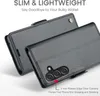 A black leather wallet-style phone case is shown, with text highlighting its slim and lightweight features, and protection for the camera. Produktbild-Vorschau