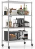 A four-tier wire shelving unit filled with various kitchen appliances and accessories. Voir les images du produit
