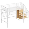 A white metal loft bed with wooden steps and shelves integrated into the staircase. Náhled obrázku produktu