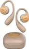A pair of beige wireless earbuds with a wooden accent, displayed with their charging case. Voir les images du produit