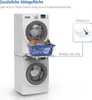 A stacked washing machine and dryer with a pull-out shelf between them holding a laundry basket. Produktbild-Vorschau