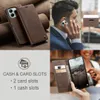 Collage of images showing a brown leather phone case, a person using a phone with the case, and a close-up of the case's card slots. Produktbild-Vorschau