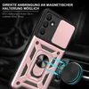 A close-up of a rose gold phone case with a ring holder and camera cover, shown attached to a magnetic car mount. Produktbild-Vorschau