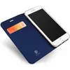 A blue flip case for a smartphone is shown open, with the phone inside and a credit card in a slot. Produktbild-Vorschau