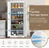A white storage cabinet with its doors open, displaying various items on its shelves. Text overlays highlight features and dimensions. Náhled obrázku produktu