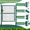 A green garden gate with informational callouts highlighting its features. Produktbild-Vorschau