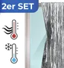 A marketing image showing a silver thermal curtain hanging on a window, with icons of a thermometer indicating hot and cold temperatures. Náhled obrázku produktu