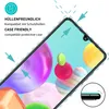 A close-up view of a smartphone screen protector being applied to a Samsung Galaxy A41 phone, with colorful abstract shapes on the phone screen. Produktbild-Vorschau