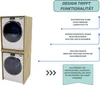 A wooden cabinet holding two stacked washing machines, with descriptive text boxes pointing to features. Anteprima dell’immagine prodotto