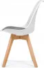 A side view of a modern dining chair with a white shell seat and a gray cushion, supported by wooden legs. Produktbild-Vorschau