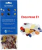 A product package for Edelsteinmischung E1 (gemstone mix E1) with a sample of the gemstones shown next to it. Produktbild-Vorschau