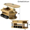 Diagrams and dimensions of a wooden coffee table with a lift-top feature and storage compartments. Produktbild-Vorschau