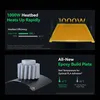 Two marketing images showcasing features of a 3D printer, one with a heatbed and the other with a build plate. Produktbild-Vorschau