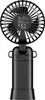 Back view of a black foldable handheld fan with a stand and information label. Produktbild-Vorschau