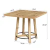 A square wooden table with black metal accents, shown with dimensions indicated by text overlays. Podgląd zdjęcia produktu
