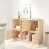 A wooden sideboard with multiple compartments and doors, some of which are open, displaying various items like bowls, glasses, and jars. A framed picture and decorative objects are on top. Anteprima dell’immagine prodotto