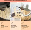 A collage of three images showing a food processor in action, with accompanying text describing its functions. Podgląd zdjęcia produktu