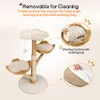 A cat tree with multiple platforms and scratching posts, with inset images demonstrating how to clean the cushions. Produktbild-Vorschau