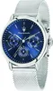A close-up studio shot of a Maserati men's watch with a blue dial and a silver mesh band. Voir les images du produit