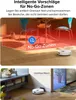 A robot vacuum cleaner is shown in two different home environments, demonstrating its smart features like no-go zones and invisible walls. Produktbild-Vorschau