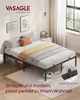 A bedroom scene featuring a metal bed frame with bedding and decorative items, along with a robot vacuum cleaner. Produktbild-Vorschau