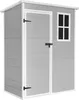 A gray resin shed with a white trim, a door, and a small window, set against a white background. Produktbild-Vorschau