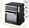 A black and silver air fryer oven with dimensions and capacity information displayed around it. Produktbild-Vorschau