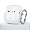 A clear protective case for Apple AirPods 4 is shown on a white pedestal against a white background. A silver carabiner clip is attached to the side of the case. Produktbild-Vorschau