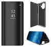 A collage of images showing a black flip phone case for a Xiaomi Redmi Note 13 Pro+ 5G, displayed in different orientations and states of use. Produktbild-Vorschau