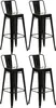 Four black bar stools are arranged in a two-by-two grid against a white background.