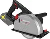 A cordless circular saw is shown from a three-quarter angle against a white background. The battery is shown partially detached with a yellow 'X' mark on it, indicating it is not included. Produktbild-Vorschau
