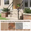 A black metal handrail is installed on a set of outdoor stairs. Below the stairs, there are four square images showcasing different materials: wood, tiles, concrete, and marble, with their German names labeled. Podgląd zdjęcia produktu