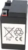 A black battery with white labels showing symbols. Voir les images du produit