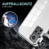 A clear phone case is shown with rocks falling around it, illustrating its protective qualities. Text overlays highlight its features. Produktbild-Vorschau