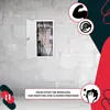 A white revision flap is open, revealing electrical wiring inside, mounted on a textured gray wall. Graphic elements with icons and text are overlaid on the image. Produktbild-Vorschau