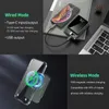 A split image showing a power bank in wired and wireless charging modes, with text descriptions of features. Produktbild-Vorschau