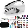 A white portable sewing machine and a collection of sewing accessories are displayed against a white background. Produktbild-Vorschau