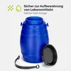 A blue plastic barrel with a black lid and a black strap, shown on a white background with text overlay. Voir les images du produit