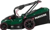 A side view of a green and black Parkside lawnmower with a black grass catcher bag. Produktbild-Vorschau