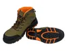 A pair of green and black work boots with orange accents, shown against a white background. One boot is standing upright, and the other is shown from the sole. Produktbild-Vorschau