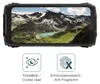 A rugged smartphone displaying a mountain landscape, with icons and text below highlighting its features. Produktbild-Vorschau