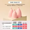 Image with the 3 sizes (A,B & Teen) mooncup beginner. Also a sizing table in text below the cups. Produktbild-Vorschau