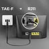 An illustration showing how to connect a TAE-F socket to an RJ11 port on a router. Produktbild-Vorschau