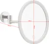 A white, round makeup mirror with LED lighting, mounted on a chrome arm attached to a wall bracket. Dimensions are indicated by red lines and text.