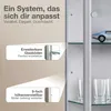 A close-up view of a glass display cabinet, highlighting its features with text overlays. Produktbild-Vorschau