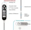 A collage of images showing a digital meat thermometer with labels in German and an illustration of a battery. Produktbild-Vorschau