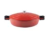 A red cast iron casserole dish with a lid and handles, shown from the front on a white background. Produktbild-Vorschau