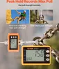 A digital scale is shown attached to a metal chain, with images of rock climbing and chains above. The scale displays a reading of 150. Anteprima dell’immagine prodotto